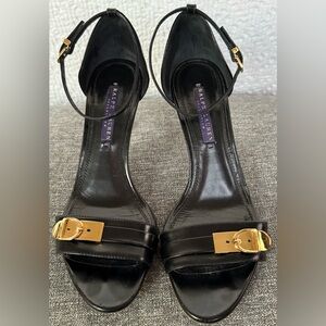 Ralph Lauren Collection Arora Buckle Leather Heel Sandals in Black SZ 7
